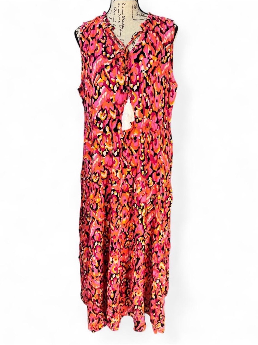Sleeveless Pink Printed Maxi Dress with Tassel Tie